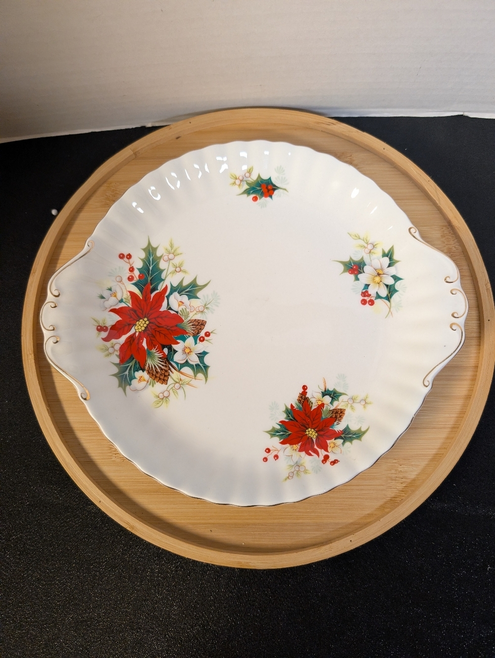 Royal Albert Handled Cake Plate Poinsettia Pattern 10in Bone China Retired 1997